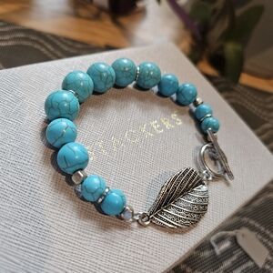 Turquoise Beaded Bracelet with Silver Leaf Charm